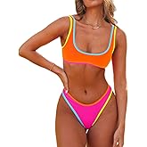 SherryDC Women's Sexy Scoop Neck Bikini Sets Color Block High Cut Thong Brazilian Two Pieces Swimsuit Bathing Suit