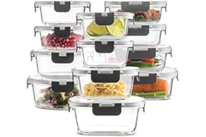 FineDine 24 Piece Glass Storage Containers with Lids - Leak Proof, Dishwasher Safe Glass Food Storage Containers for Meal Prep or Leftovers, Gray