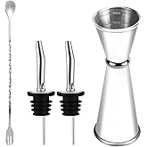 Double Cocktail Jigger Bartending Set Japanese Premium 304 Stainless Steel Jiggers 2 OZ 1 OZ with Measurements Inside Shot Measure Jigger with 2 Pourers &1 Bar Spoon Bartender Tool Accessories(Silver