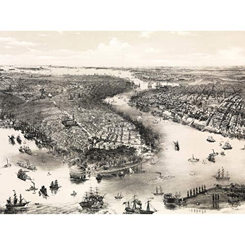 Artery8 Map Bachmann 1851 Birds Eye View New York Brooklyn Art Print Canvas Premium Wall Decor Poster Mural