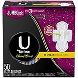 U by Kotex CleanWear Ultra Thin Pads with Wings, Regular, Unscented, 50 Count