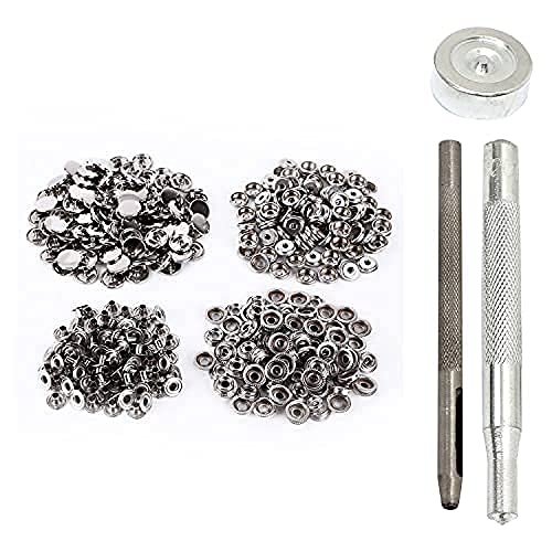 Trimming Shop 15mm, 10Pcs Gunmetal Large Press Studs with Fixing Kit, Heavy Duty Nickle Free for Leathercraft, Clothing, Bags, Belts, Arts, Crafts, 3 Hand Tools and 4 Part Snap Fasteners