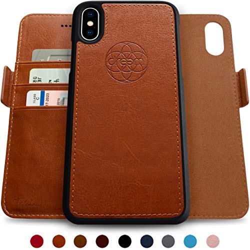 Dreem Fibonacci 2-in-1 Wallet-Case for iPhone Xs Max Magnetic Detachable Shock-Proof TPU Slim-Case, Wireless Charge, RFID Protection, 2-Way Stand, Luxury Vegan Leather, Gift-Box - Caramel