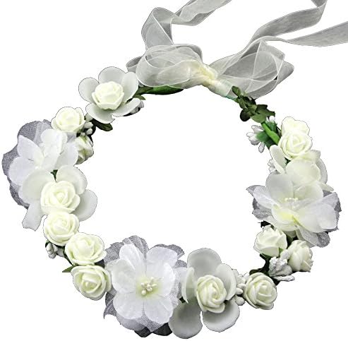 Women Girls White Bridal Handmade Flower Crown with Adjustable Ribbon Wedding Festivals Floral Wreath Halo Headband Floral Garland