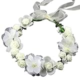 SIZSNM Flower Crown Floral Headband Headpiece Wreath Girls Womens Artificial White Silk Roses Wedding Bridal Kids Toddler Boho