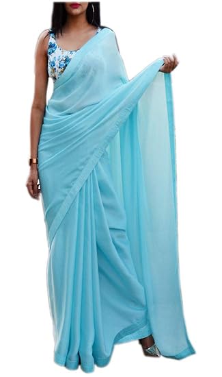 Womens Look sexy & beautiful Blue Color Satin Saree with Digital Printed Blouse