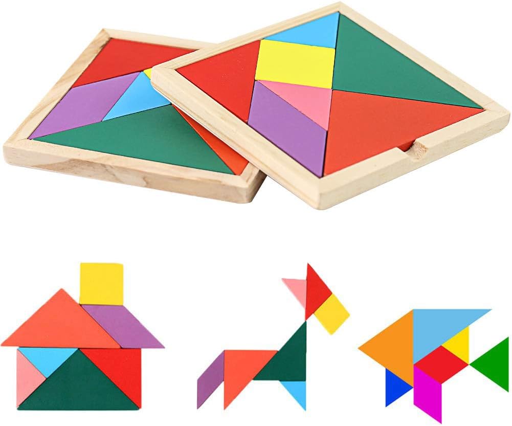 Amazon Com Wooden Tangrams Puzzles 28 Pieces Tangram Puzzle Book Set Toy Colorful Educational Gift Toys Games
