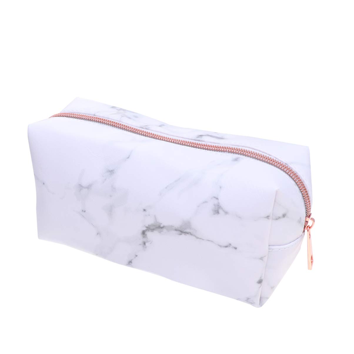 Lurrose Marble Makeup Bag PU Leather Cuboid Cosmetic Pouch Portable Zipper Pencil Storage Case for Women (Rose Gold)