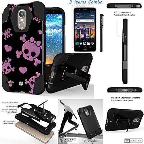 For LG Stylo 3 LG Stylo 3 Plus 2017 LS777 MP450 M430 L83BL /ITUFFY 3items: LCD Film+Stylus Pen+[Dual Layer] [Impact Resistance] [KickStand] Hybrid Armor Case (Pink Girly Bow Skull)