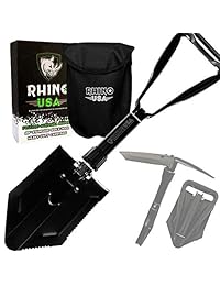 Rhino USA   Pala plegable de supervivencia con púa, acero al carbono, herramienta de encaje de estilo militar para todoterreno, camping, jardinería, playa, excavación, arena, barro y nieve, garantizada para toda la vida.