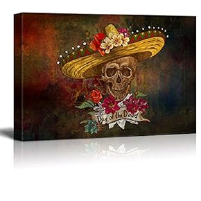 Canvas Print Wall Art - Day of The Dead (Dia De Los Muertos) Themed Skull with a Hat and Flowers - Gallery Wrap Modern Home Art | Ready to Hang - 12x18 inches