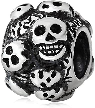 Choruslove Halloween Round with Skull Heads Charm Antique 925 Sterling Silver for European Style Bracelet Jewelry