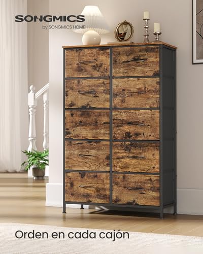 SONGMICS Cómoda, 10 Cajones de Tela, Acero, MDF, Tela no Tejida, para Dormitorio, Armario, Pasillo, Salón, Marrón Rústico y Negro Tinta MLGS125BH04