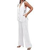 Tankaneo Womens 2 Piece Linen Sets Summer Outfits Sleeveless V Neck Botton Down Tank Tops and Pants Matching Set