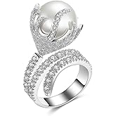 Exaggerated Imitation Pearl CZ Statement Wrap Ring for Women Silver Plated Unique Style Crystal Flower Layered Big Round Pearl Stacking Finger Rings Comfort Fit Fashion Jewelry for Wedding Her