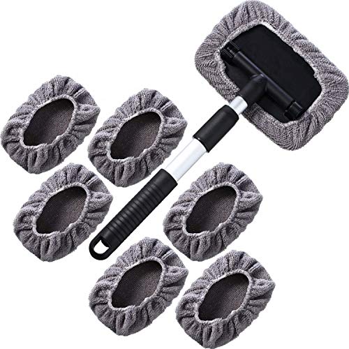 Nomiou 8pcs Windshield Glass Cleaning Tool Car Window Brush Wiper with Extendable Handle and Washable Reusable Microfiber Cloth