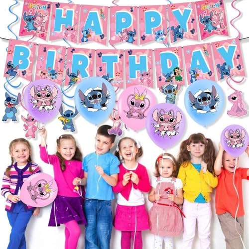 101PCS Stitch Party Supplies, Birthday Decorations Set Include Banner, Balloons, Stickers, Hanging Swirls, Cake Cupcake Toppers, Tablecloth for Girls Pink Stitch Theme Party