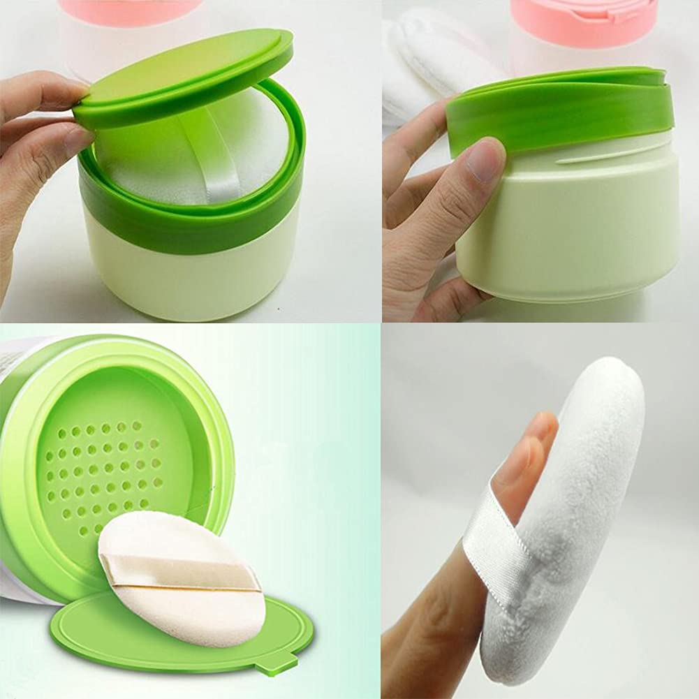 Green Plastic Empty Portable Baby Skin Care After-Bath Powder Puff Talcum Powder Case Container Dispensor Make-up Loose Powder Box Holder Bottle Container Travel Kit with Powder Puff and Sifter