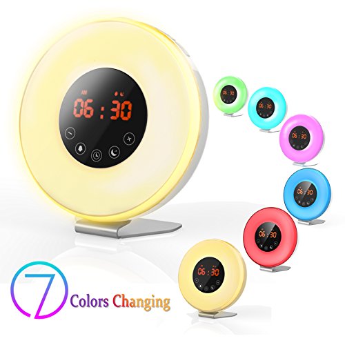 Wake Up Light Alarm Clock,Valoin Digital LED Alarm Clock with 7 Colors Night Light Sunrise and Sunset Simulation, 6 Natural Sounds and FM Radio for Adults and Kids