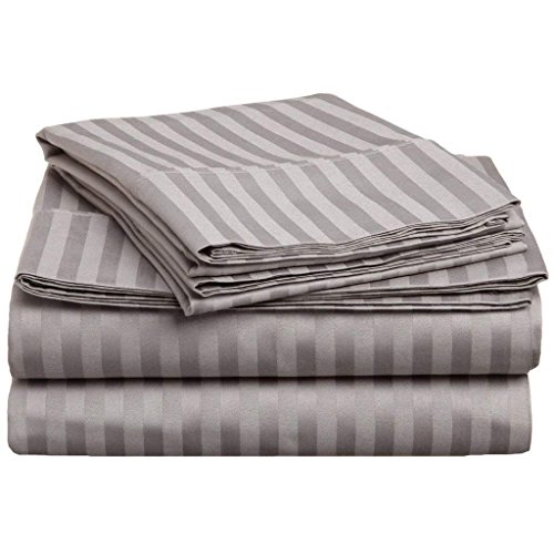 Tula Linen 1200 Thread Count 6PCs (1 FITTED SHEET + 1 FLAT SHEET + 4 PILLOW COVER) Sheet Set Stripe Pocket Size 42-cm 100% Egyptian Cotton Premium Quality (Silver Grey, UK Super King)