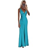 FUMY Women's Mermaid Halter Prom Dresses with Bow Backless Pleats Long Silk Satin Formal Evening Gowns FM009