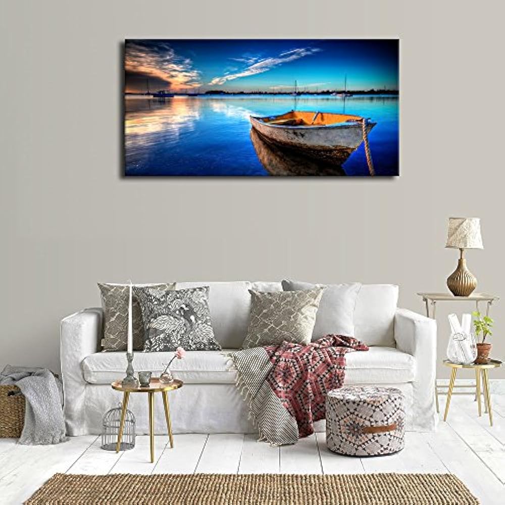 Canvas Wall Art Boat Blue Lake Water Sunset Panoramic