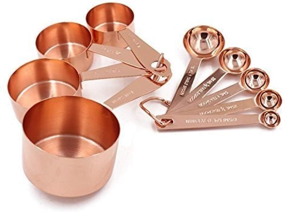 Set Of 9 Copper Measuring Cups And Spoons, EXTRA STURDY CopperPlated