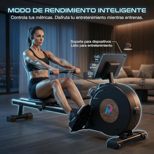 RESTSUKO Remadora Magnética Resistencia Ajustable 8 Niveles - Máquina de Remo con Asiento Ergonómico Ultrasuave, Soporte Tablet y Móvil, Riel Aluminio, Monitor LCD, Entrenamiento Cuerpo Completo