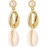 Atifober White Seashell Earrings Natural Cowrie Shell Earrings Dangle Seashell Earrings Vintage Ocean Dangle Earrings Beach Vacation Shell Earrings For Women Shell Jewelry