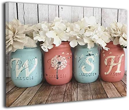 TREEWw Dandelion Wish Mason Jar Set Rustic Home Decor Farmhouse Decor Coral and Aqua Wall Painting Prints Artworks Pictures Wall Decor Ready to Hang 20" X 16"