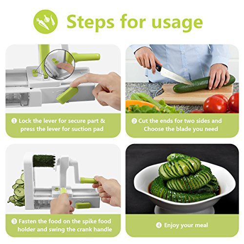 Spiral Slicer Domserv Kitchen Spiralizer 5 Stainless-Steel Blades Foldable Vegetable Slicer Strong Suction Base for Veggie Fruits Pasta & Noodle Maker with Peeler & Cleaning Brush, 2018 New Model