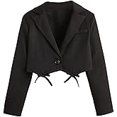 OYOANGLE Girl's Blazer Jacket Bow Lapel Long Sleeve Button Front Dressy Cropped Suit Coat