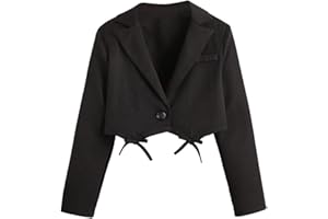 OYOANGLE Girl's Blazer Jacket Bow Lapel Long Sleeve Button Front Dressy Cropped Suit Coat