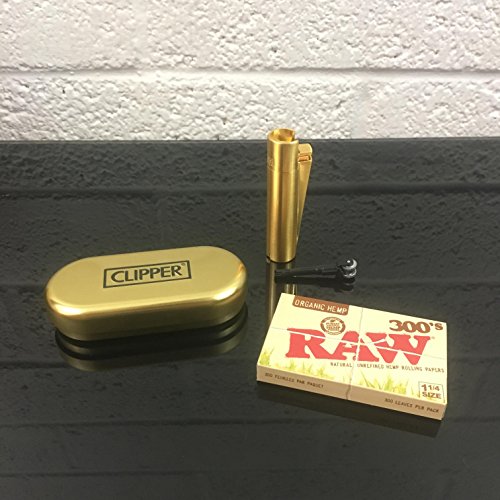 Clipper Gold Metal Lighter + Raw 300's Organic Hemp Papers