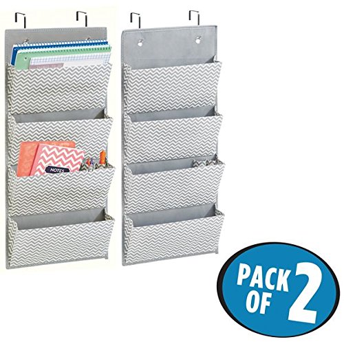 mDesign Hanging Fabric Office Supplies Storage Organizer for Notebooks, Planners, File Folders - Pack of 2, 4 Pockets, Gray/Cream