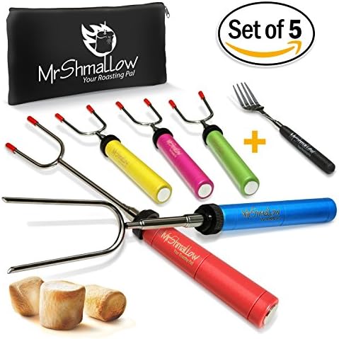 Campfire Marshmallow Roasting Sticks | Set of 5 Smores Skewers &amp; Hot Dog Forks | Stainless Steel 34'' Rotating &amp; Telescoping Backyard Fire Pit Cookware | Bonus Travel Bag &amp; Grill Fork &amp; Camping Ebook