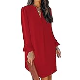 QACOHU Fall Dresses for Women 2026 Casual V Neck Long Sleeves Flowy Mini Tunic Dress