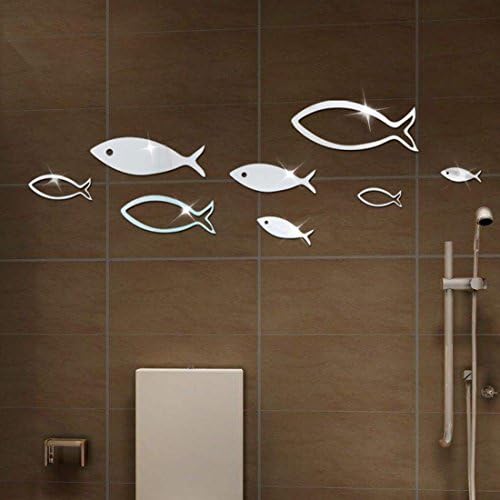 DIY Mirror Acrylic Wall Decal With Living Room Bathroom Bedroom Art Deco (Silver Fish)