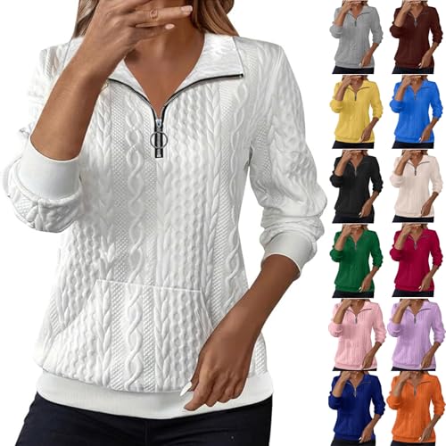 Nuoke Womens Jumpers Jumpers for Women UK Cable Knit Sweaters Lapel Half Zip Pullover Ladies Thermal Sweatshirt Long Sleeve Winter Autumn Warm Tops (White-A, M)