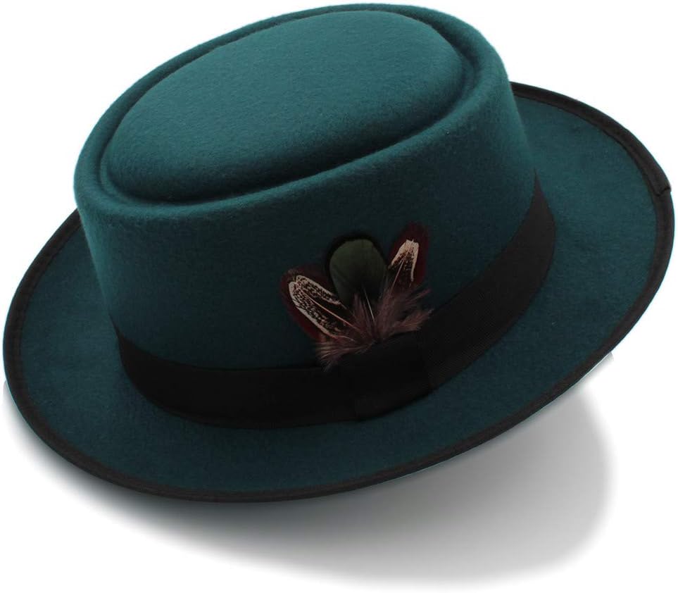 Jiangqiong Bomber Bowler Classic Wool Felt Black Pork Pie Hat Porkpie Jazz Fedora Hat Round Top Cap Stingy Brim Feather Cap (Color : Green, Size : 56-58CM)