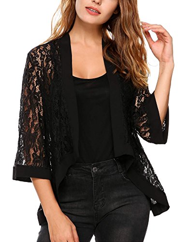 Thinlce Women's Fashion 3 4 Sleeve Sheer Lace Crochet Shrug Loose Fit Cardigan,Black,X-Large