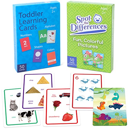BenBen Flash Cards for Toddlers 2-4 Years, 100 Cards, Pre-K Sight Words Learning Cards: Alphabet ABC, Numbers, Colors & Shapes, Bonus Spot The Differences Card Game for Kids, Jumbo Size