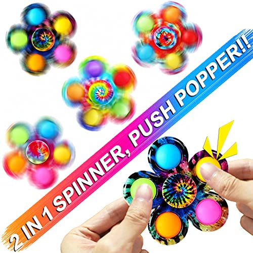 Pop Fidget Spinner Toys 4 Pack, Tie-Dye Simple Dimple Fidget Toys, Push Bubble Spinner Fidget Set for Kids, ADHD Anxiety Stress Relief Toy for Adults, Party Favor Hand Sensory Tie Dye Popper Spinners