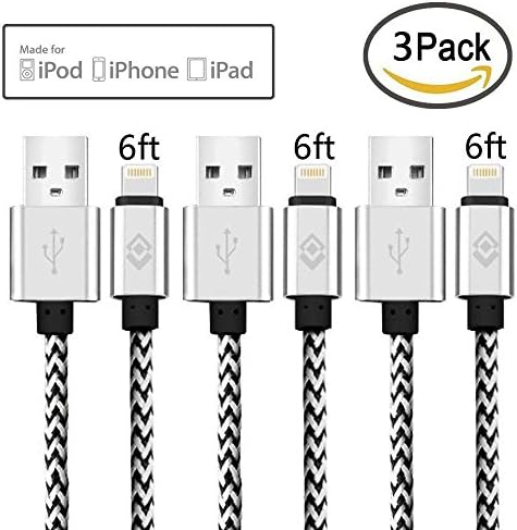 Lightning Cable, 3packs 6ft/2m USB Cable Nylon Braided Tangle-free High Speed Data Sync Charger Cord with Aluminum Connector for Apple iPhone 6/6s/5/5s/5c Plus iPad iPod iPad Air Mini (silver)