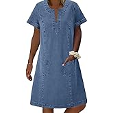 CHARTOU Women Denim Dress Short Sleeve Mini Jean Dress Jumper Babydoll Summer Shift Dress