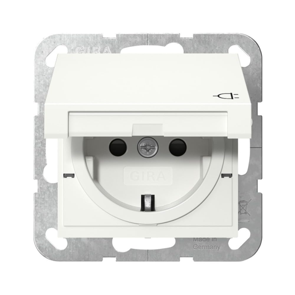 GIRA 441403 Schuko Socket 16 A 250 V with Hinged Lid and Shutter System 55, Pure White Glossy