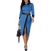 HWP Business Casual Dresses for Women Dressy 3/4 Sleeve Midi Dress Fit & Flare Office Dress Knee Length with Belt