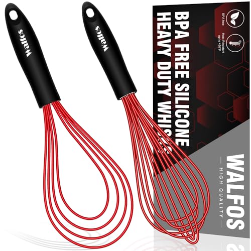 Walfos Flat Whisk,11in Flat Whisk and 10in Balloon Whisk Perfect for Whisking, Flat Roux Whisk, Gravy Stirring, BPA Free, Dishwasher Safe.2PCS RED