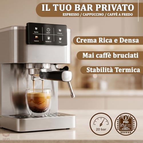 Macchina Caffè Polvere e Cialde AD 4390, Macchina Caffè Macinato da 20 Bar, Sistema Riscaldamento Rapido 20s e Controllo PID, Funzione Espresso Cool, Acciaio Inossidabile, Montalatte Integrato