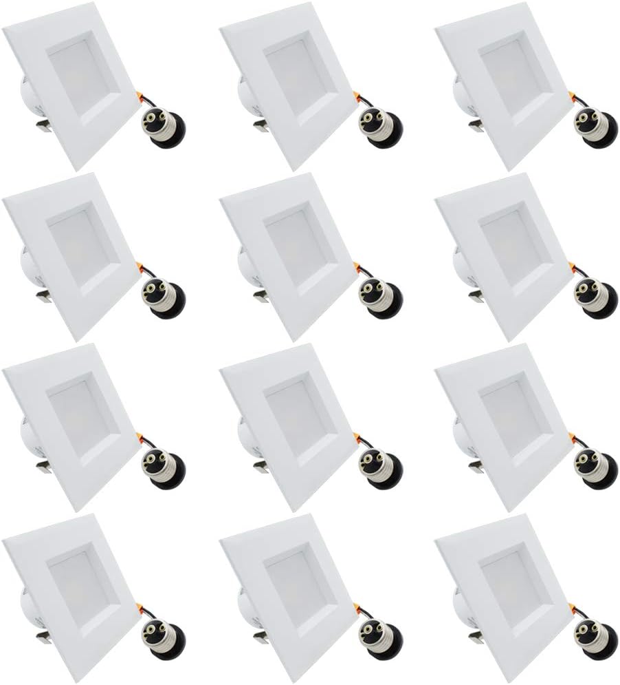 ESD Tech 12 Pack 4” Inch LED Recessed Lighting Square Trim – Dimmable Downlight Retrofit Bulb Fixture, 4000K, 740 Lm, White, Smooth Design, JA-8, Energy Star, UL Listed